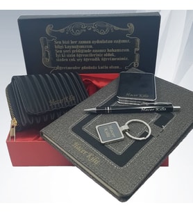 KİŞİYE ÖZEL BAYAN HEDİYE SETİ (CÜZDAN-AYNA-DEFTER-ANAHTARLIK-KALEM)