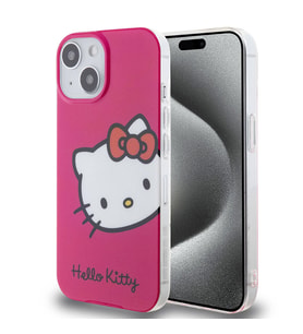 Apple iPhone 15 Uyumlu Kılıf Hello Kitty Orjinal Lisanslı Yazı ve İkonik Logolu Kitty Head Kapak (Pembe)