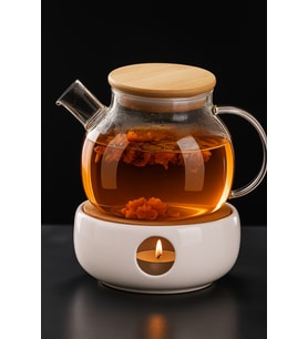Isıya Dayanıklı Borosilikat Süzgeçli Cam Demlik (1000ML) Vakumlu Bambu Kapak, Demlik