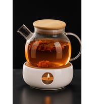 Isıya Dayanıklı Borosilikat Süzgeçli Cam Demlik (1000ML) Vakumlu Bambu Kapak, Demlik