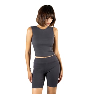 Kadın Antrasit Fitted/Vücuda Oturan Crop Halter Yaka Fitilli Esnek Örme Bluz Atlet 23K-TRP-CRP06