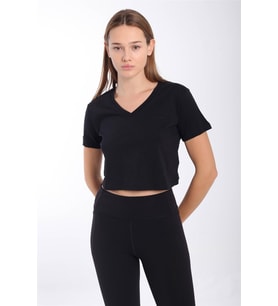 Maraton Regular Kadın V Yaka Siyah Crop Top