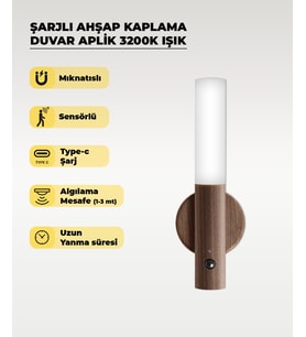 Şarjlı Ahşap Kaplama Aplik 3200K Sarı Işık – Elektrik Gerektirmez (Beyaz)