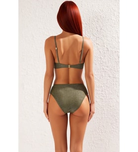 Kadın Bikini Takımı Straplez Destekli Üst Yüksek Bel Slip Alt Örme Simli Düz Regular Kesim Kolsuz
