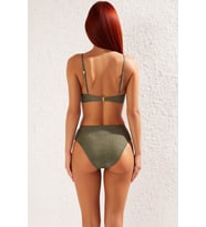 Kadın Bikini Takımı Straplez Destekli Üst Yüksek Bel Slip Alt Örme Simli Düz Regular Kesim Kolsuz