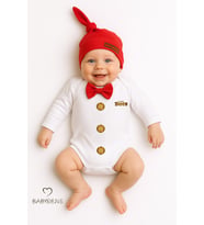 BABYDEN'S Minik Patron Erkek Bebek Uzun Kollu Çıtçıtlı Body ve Bere Seti Düğme Baskılı, Papyonlu %100 Pamuklu (Kırmızı)
