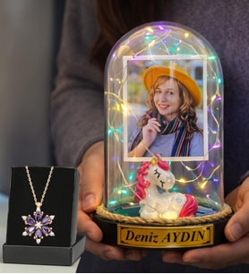 Size Özel Renkli Led Işıklı Unicornlu Fanus ve Ametist Taşlı Lotus Kolye