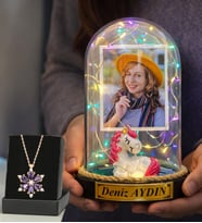 Size Özel Renkli Led Işıklı Unicornlu Fanus ve Ametist Taşlı Lotus Kolye