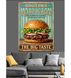 Retro Burger Restoran İlanı Görseli Dekoratif Kanvas - Mdf Ahşap Tablo