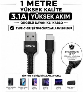 Type-C Pro Braided Örgülü Data ve Hızlı Şarj Kablosu Siyah