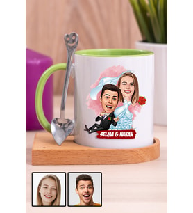 Eşe İlginç Hediye Evlilik Temalı Karikatürlü Ahşap Altlıklı Yeşil Kupa Bardak