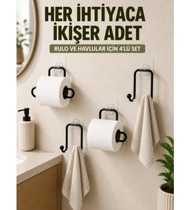 Mey İthalat® Yapışkanlı Banyo Düzenleme Seti 2 Rulo Tutucu 2 Havlu Askılığı 4 Parça