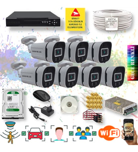 7 Kameralı Set Yapay Zeka Özellikli Gece Renkli 5MP SONY Lens FULLHD Güvenlik Kamerası Seti 604W-108