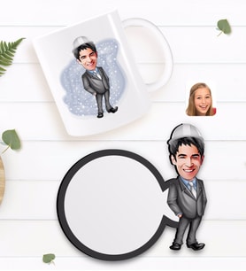 BK Gift Kişiye Özel Erkek Mühendis Karikatürlü Beyaz Kupa ve Ahşap Bardak Altlığı Hediye Seti-1