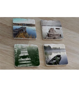 Gölde İskele ve Kayık Manzaraları Doğal Taş Bardak Altlığı 4'lü set - Natural Stone Coasters