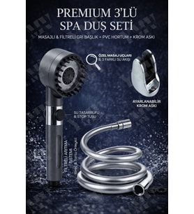 Spa 3'lü Duş Seti - Masajlı & Filtreli Gri Başlık + PVC Hortum + Askı