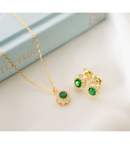 925 Ayar Gümüş Mayıs Ayı Doğum Taşı ( Emerald ) Kolye - Küpe Seti