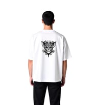 Sanat Kedisi - Çiçek ve Geometrik Desen Baskılı Erkek Oversize Tişört