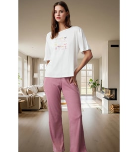 Kurdele Baskılı Pijama Takımı Nefes Alan Polyester Pamuk Karışımı Rahat Ve Şık Özenle Seçilmiş (Beyaz-Pembe)