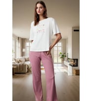 Kurdele Baskılı Pijama Takımı Nefes Alan Polyester Pamuk Karışımı Rahat Ve Şık Özenle Seçilmiş (Beyaz-Pembe)