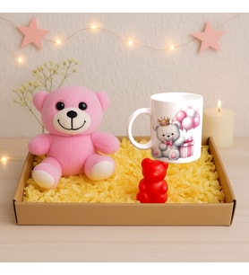 Pembe Peluş Ayıcık Kupa Ve Işıklı Ayıcık Biblo Kutulu Hediye Seti