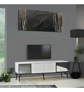 Viva Camlı Tv Sehpası Beyaz Mebran 4 Kapaklı Özel Cam Panelli Modern Tasarım 160x36x53 Cm