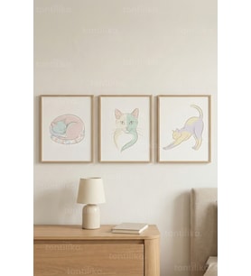Minimal Kedi İllüstrasyonları 3’lü Ahşap Çerçeveli Tablo Seti - Soft Modern Duvar Dekoru