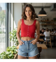 Kadın Triko Kalın Askılı Kırmızı Renk Crop Tshirt BB2745