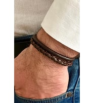 Kalın Örgü Detaylı %100 Deri 2li Kahverengi  Erkek Bileklik Set 21 cm (Türk El Üretimi)