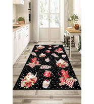 Siyah Kaymaz Taban Yıkanır Çaydanlıklı Mutfak Halısı AR389S