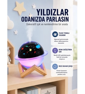 Projektör ışıklı ve aromaterapi destekli taşınabilir nemlendirici cihaz USB bağlantılı