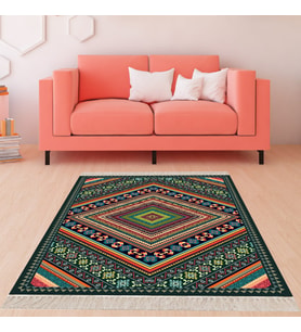 Kilim Desenli Dijital Baskı Yıkanabilir Kaymaz Taban Etnik Salon Halısı ve Yolluk (Yeşil)
