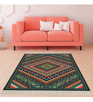 Kilim Desenli Dijital Baskı Yıkanabilir Kaymaz Taban Etnik Salon Halısı ve Yolluk (Yeşil)