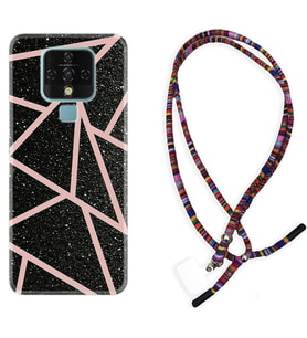 Tecno Camon 16 18P Pova Kılıf Boyun Asklı Rasta Silikon Pembe Şeritli Mermer 1312