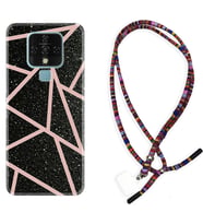 Tecno Camon 16 18P Pova Kılıf Boyun Asklı Rasta Silikon Pembe Şeritli Mermer 1312