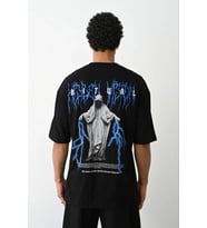 Erkek Baskılı Oversize Kısa kol T-Shirt - Siyah