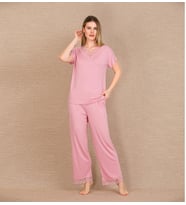 ViskonŞık Tasarım Dantel İşlemeli Pembe Kısa Kol Pijama Takımı