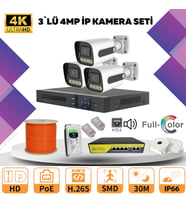 3'lü Güvenlik IP Kamera Seti - 4MP Dış Mekan Kamera, 3.6mm Lens, H.265, PoE, Warm Led Gece Görüşlü (Beyaz)