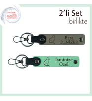 Miyavlı Kombin Sevenlere, Pati Figürlü, İsme Yazılabilir Anahtarlık Seti, Kül Gri-Açık Yeşil
