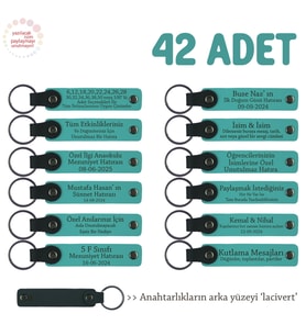 Öğrencilere Okul Hatırası 42'li Set, İsim Yazılabilir Deri Hediyelik Anahtarlık, Koyu Turkuaz & Laci