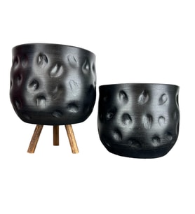 Bitki Tasarımı  Siyah Desenli Toprak Saksı Saksılık Salon Çiçeklik İkili Set Ayaksız - 3 Ayaklı- 19 CM