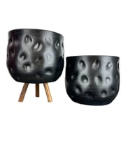 Bitki Tasarımı  Siyah Desenli Toprak Saksı Saksılık Salon Çiçeklik İkili Set Ayaksız - 3 Ayaklı- 19 CM