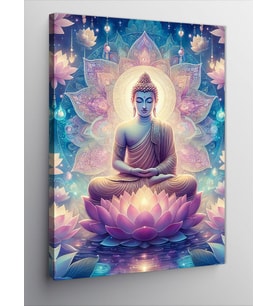 Kanvas Tablo Mor Lotus Çiçeği Ve Buda Heykeli
