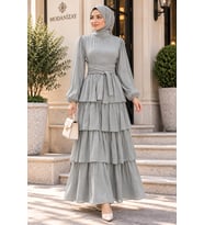 Kat Detaylı Beli Kemerli Alina Tesettür Abiye-MİNT YEŞİLİ