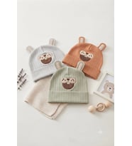 Organik Pamuklu, Yumuşak Dokulu, Ribanalı Köstebek Model 3’lü Set Unisex Bebek Şapkası (Kiremit-Yeşil-Gri)