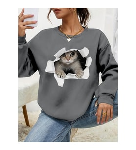 Kadın Uzun Kollu Bisiklet Yaka Kedi Desenli Viskon Iki Iplik Bluz