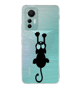 Xiaomi Mi 12 Lite Uyumlu Kapak Çizgi Kedi (Siyah) Tasarımlı Şeffaf  Silikon Kılıf