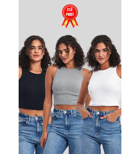 Kadın Siyah-Beyaz-Gri Fitilli Görünümlü Askılı Kalın Esnek Örme 3'lü Basic Crop Atlet Bluz