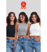 Kadın Siyah-Beyaz-Gri Fitilli Görünümlü Askılı Kalın Esnek Örme 3'lü Basic Crop Atlet Bluz