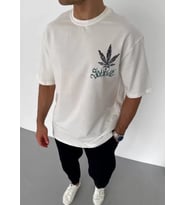 Unisex Bisiklet Yaka Baskılı Oversize T-Shirt - Beyaz